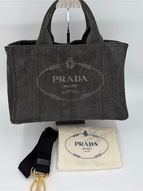 🩶Prada Canapa Dark Gray Denim Tote w/Strap and Dust Bag Great Condition Sz Large